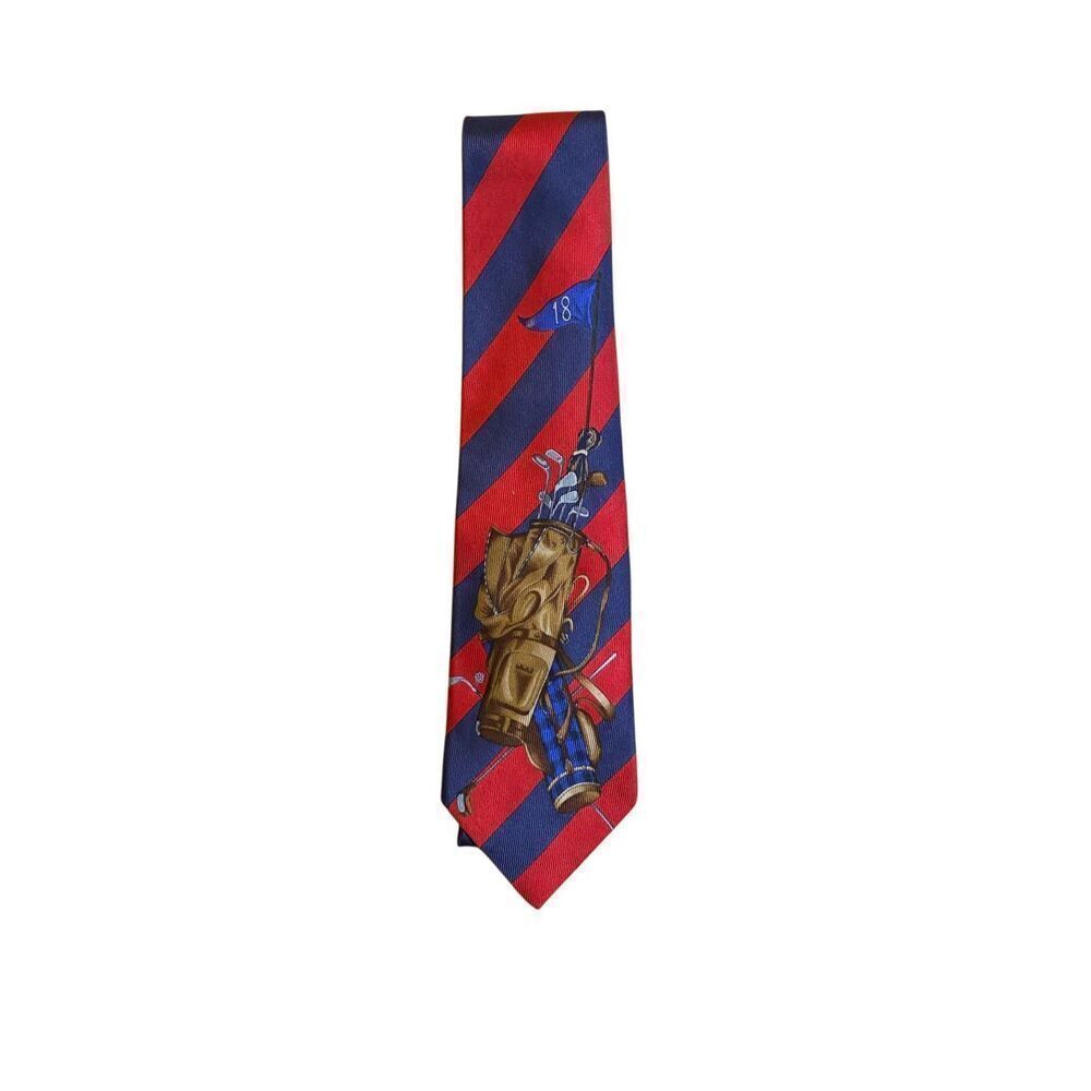 Nautica vintage men’s 100% silk, golf club, blue and red striped tie 57
